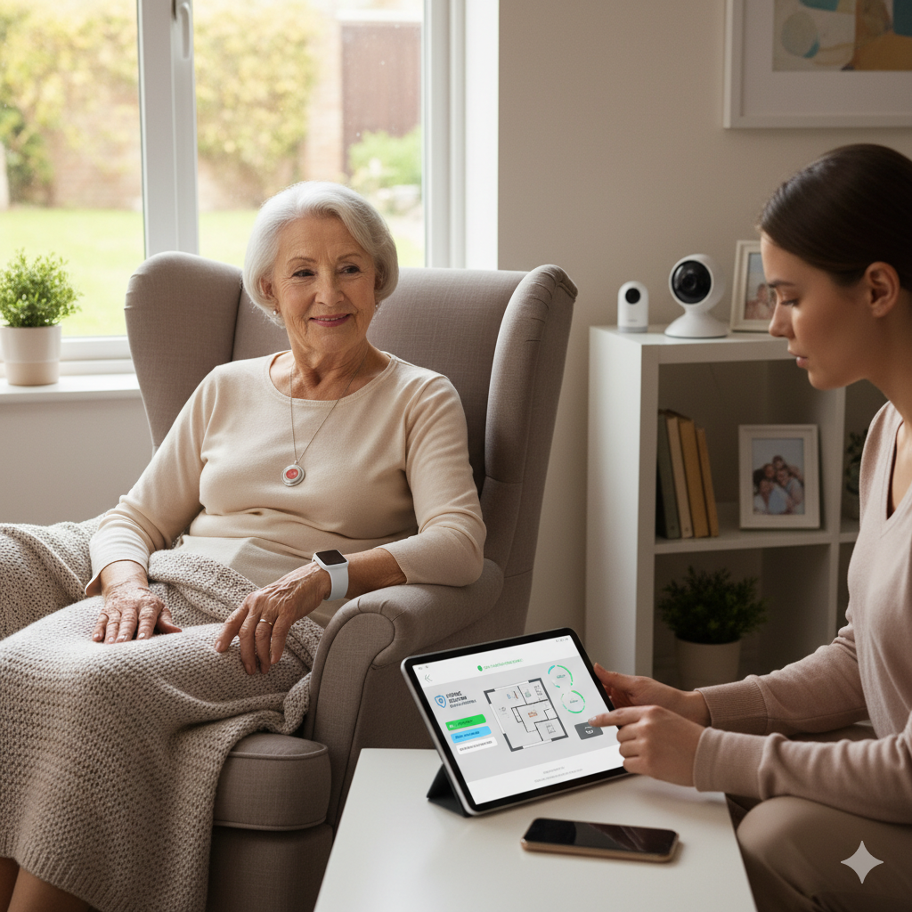 Elderly person living alone using smart safety devices and home monitoring system.