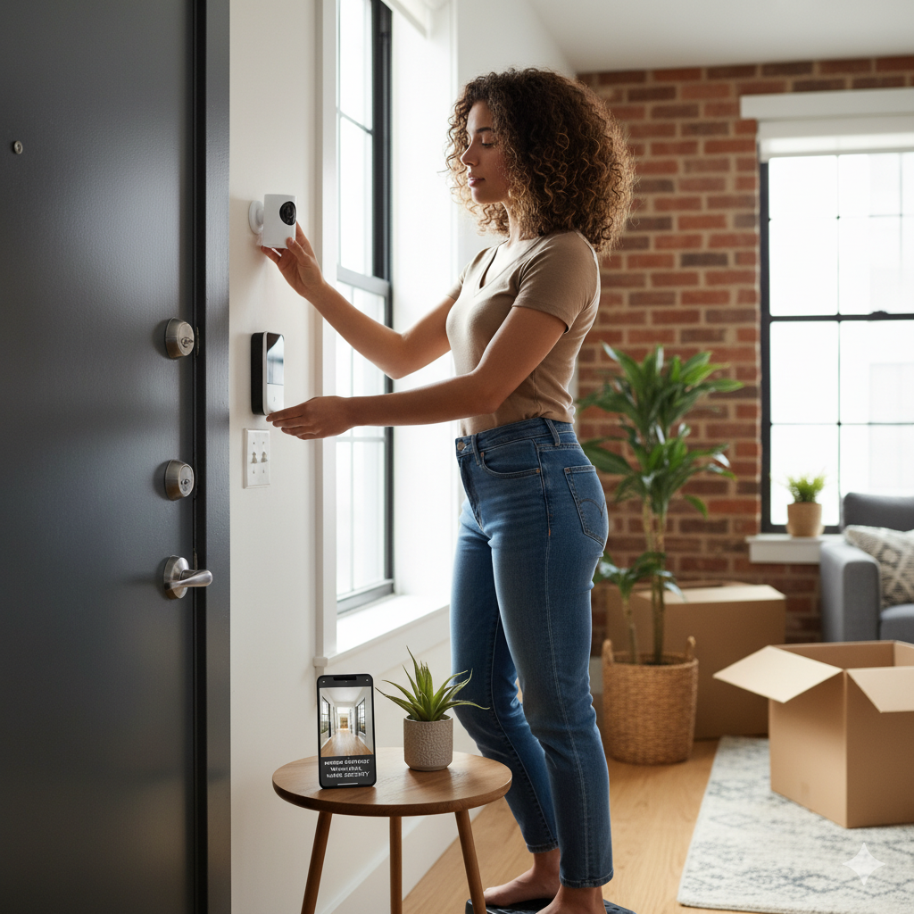 Renter installing portable wireless security camera and using smartphone app for home safety.