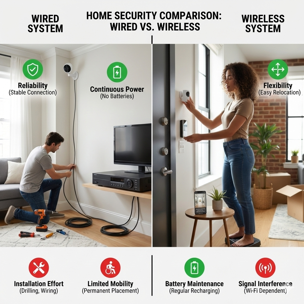 Comparison of wired and wireless security camera systems showing installation and feature differences.