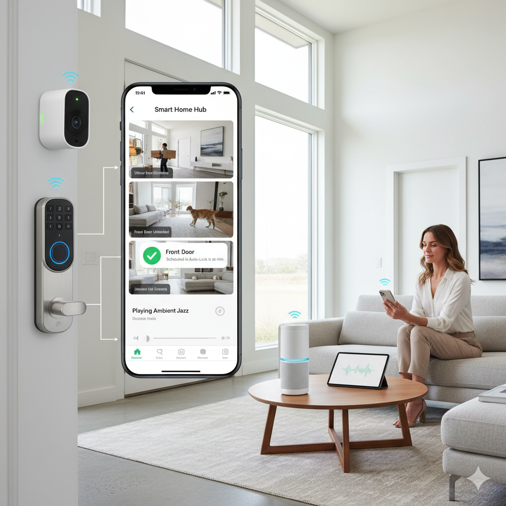 Smart home system with security camera, smart lock, and phone app integration.